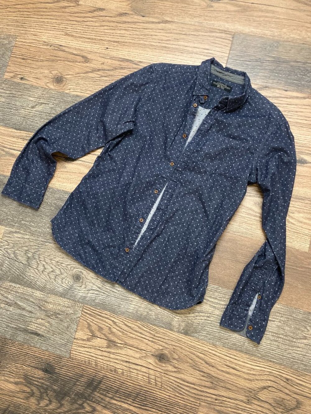 AllSaints Men’s Small Navy Blue Dot Print Long Sleeve Button Up Shirt